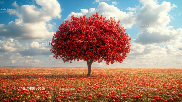 Single Tree With Bright Red Blossoms In Field