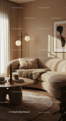 Cozy beige living room with modern curved sofa and decor