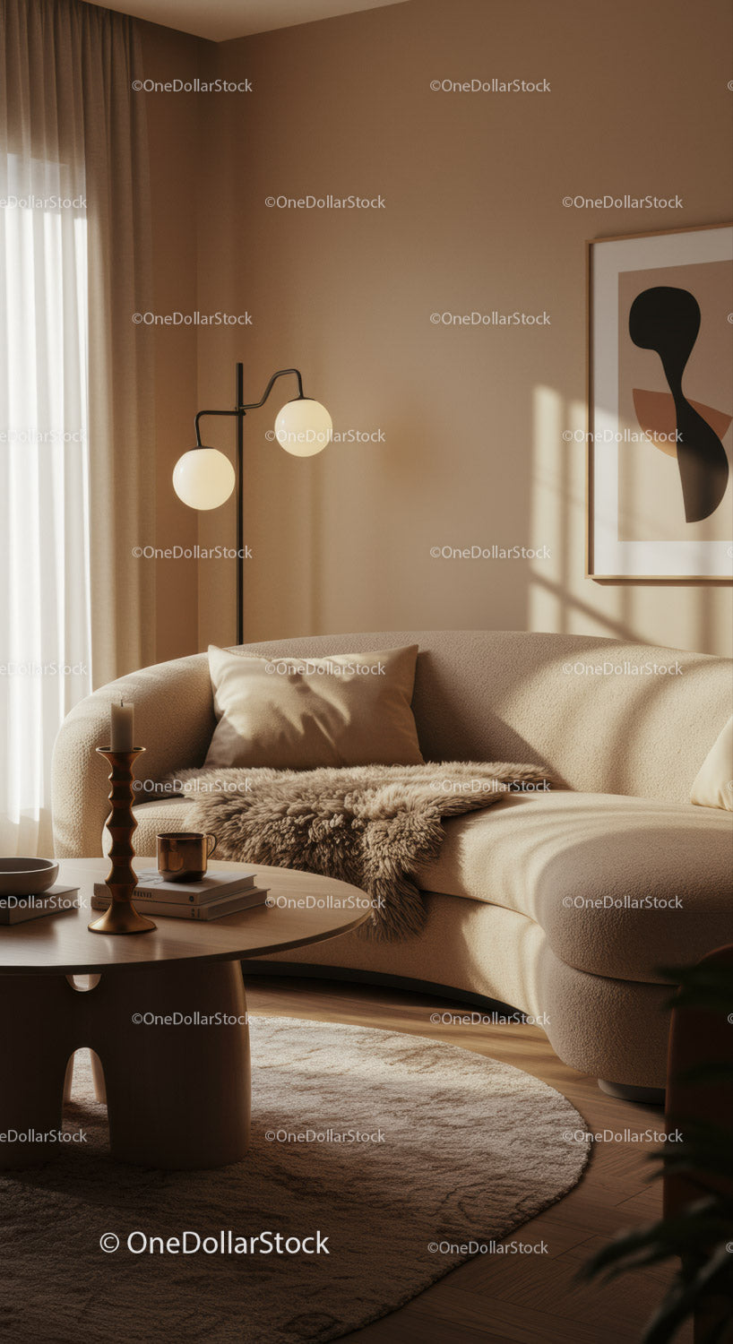 Przytulny beżowy salon z nowoczesną, wygiętą sofą i wystrojem