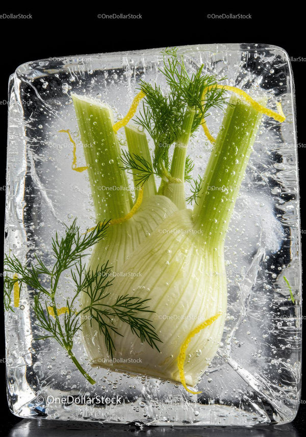 Fresh Fennel Bulbs Encased in Clear Ice Cube