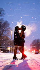 Couple sharing a tender kiss on snowy winter street