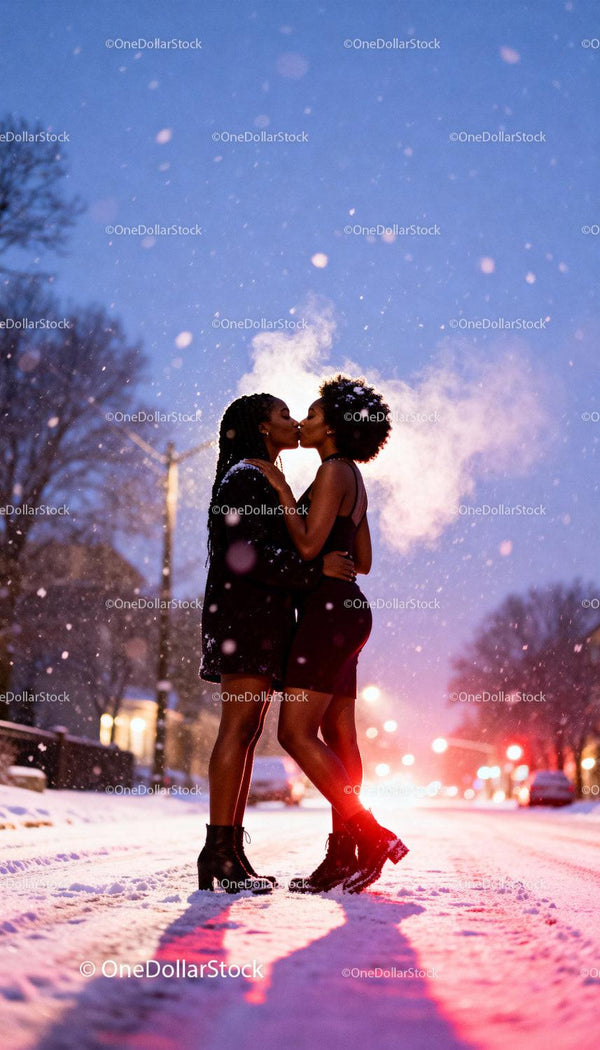 Couple sharing a tender kiss on snowy winter street