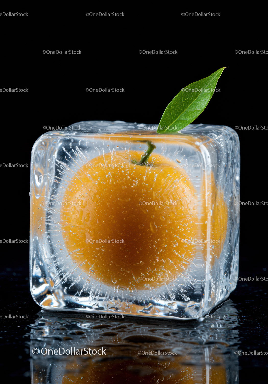 Fresh Orange Fruit Encased in a Clear Ice Cube