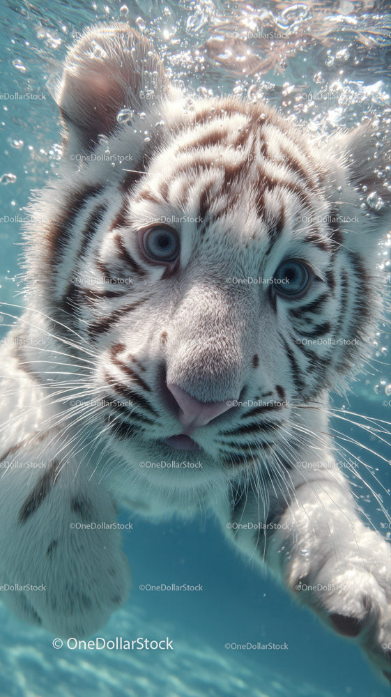 Close-up of White Tiger Swimming Underwater with Intense Blue Eyes