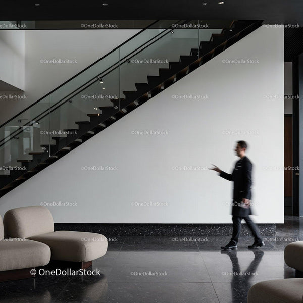 Blurred man walking past modern staircase in lobby JPG Mockup Image