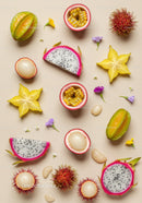 Exotic tropical fruits sliced with vibrant floral accents
