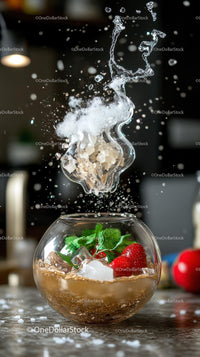 Dynamic Splash of Water and Fresh Strawberries in a Glass Bowl
