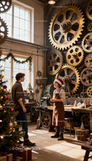 Young men talking in festive industrial workshop