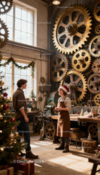 Young men talking in festive industrial workshop