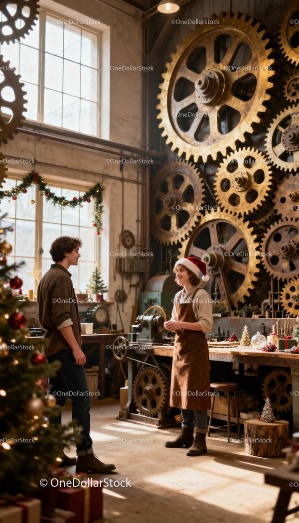 Young men talking in festive industrial workshop