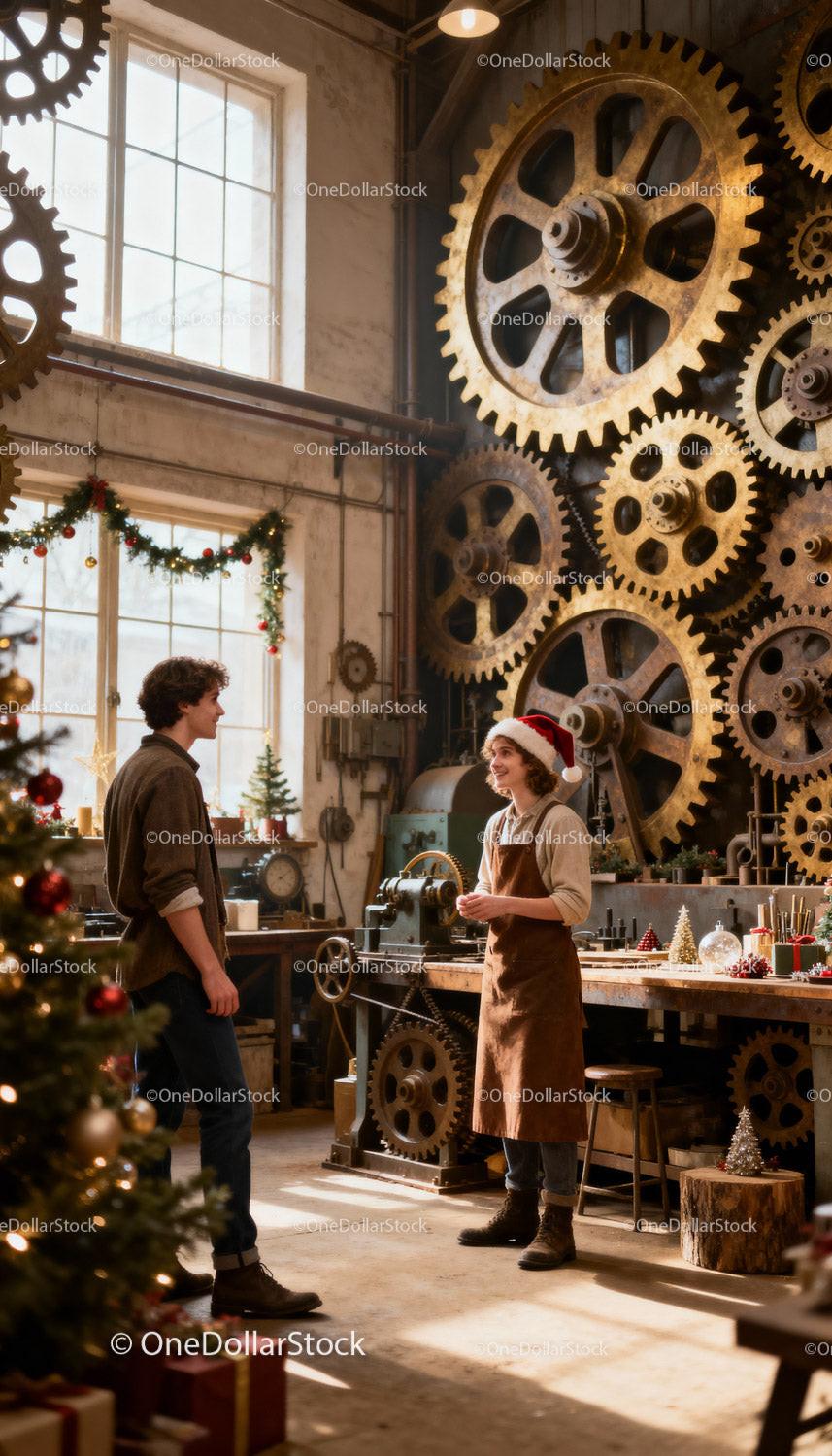 Young men talking in festive industrial workshop