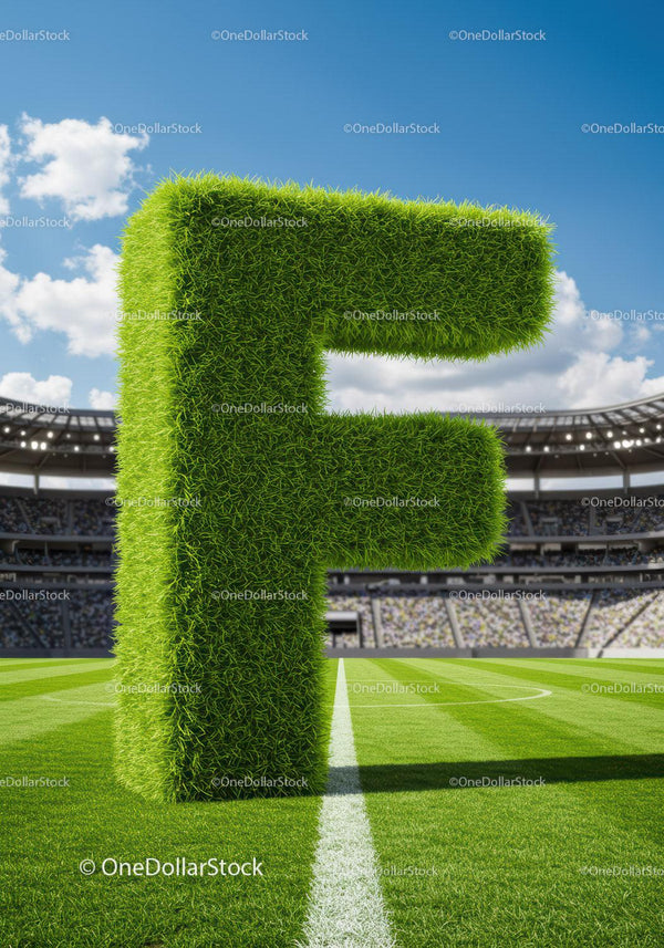 Duża trawiasta litera F na boisku piłkarskim w stadionie