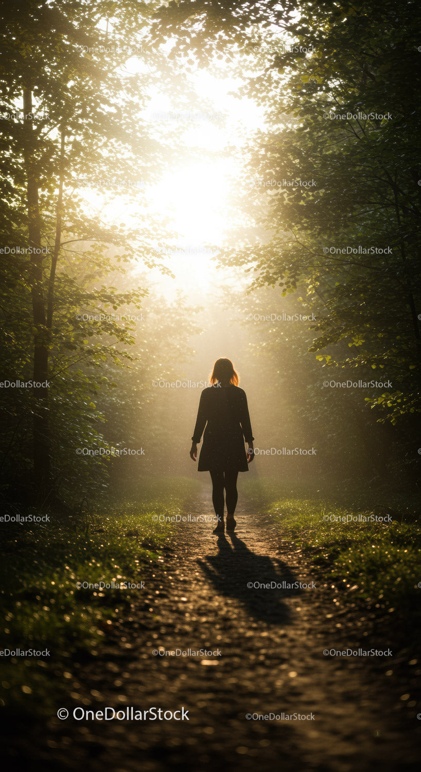 Woman walking through sunlit forest path in morning