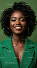 Elegant Woman in Green Blazer with Curly Hair and Bright Makeup