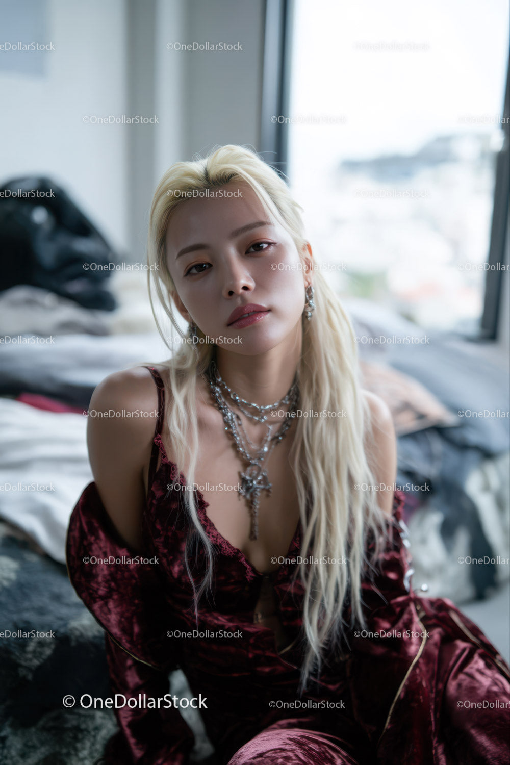 Glamorous Young Woman in Velvet Outfit with Jewelry in Modern Interior