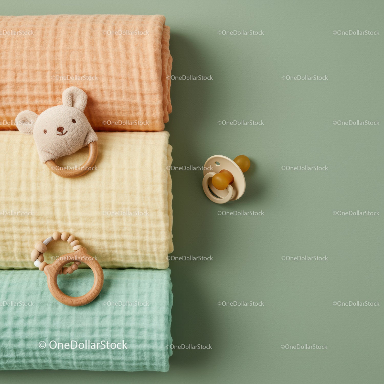 Stack of pastel muslin blankets with baby toys on green background
