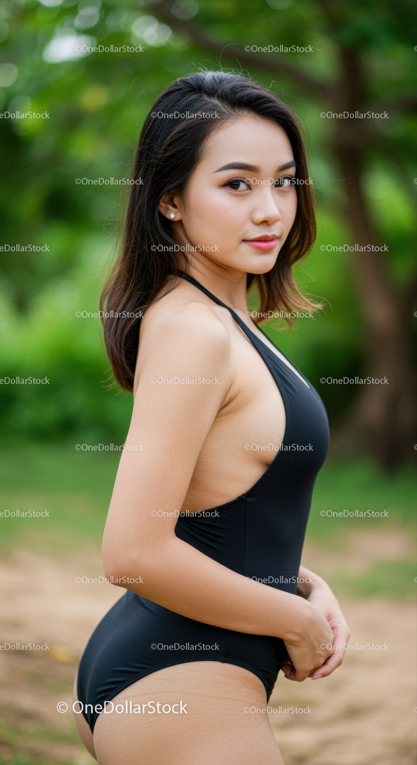 Elegant Young Woman in Black Swimsuit Outdoors Nature Scene