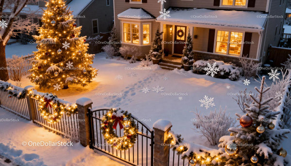 Cozy Snowy Home with Festive Lights and Christmas Tree