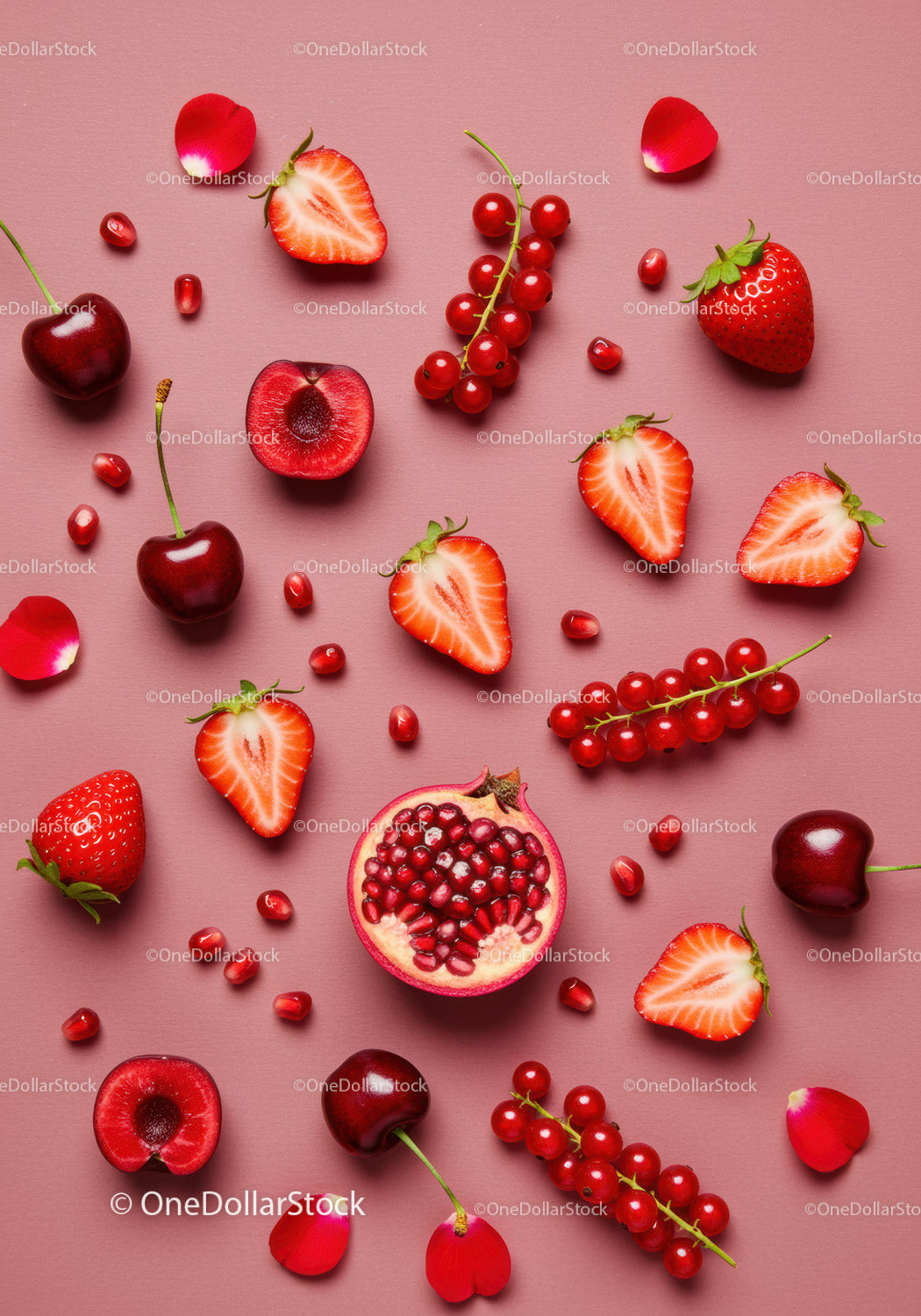 Fresh red fruits and petals on pink background