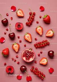 Fresh red fruits and petals on pink background