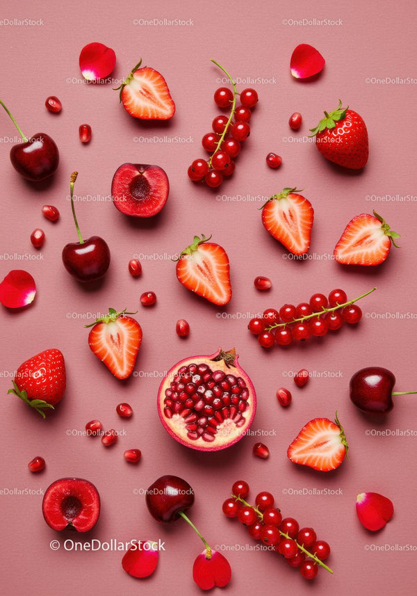 Fresh red fruits and petals on pink background