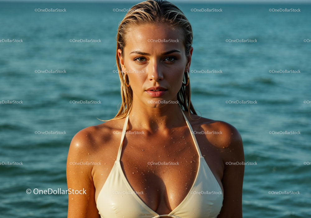 Young Woman in Swimsuit with Water Drop Reflections in Bright Summer Light