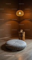 Cozy corner with soft cushion and warm hanging light