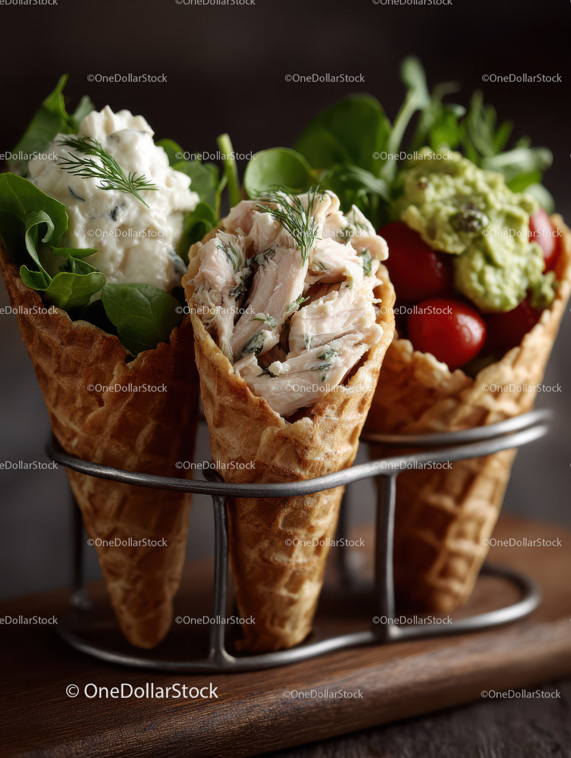Fresh Tomato and Chicken Salad in Waffle Cones with Herbs