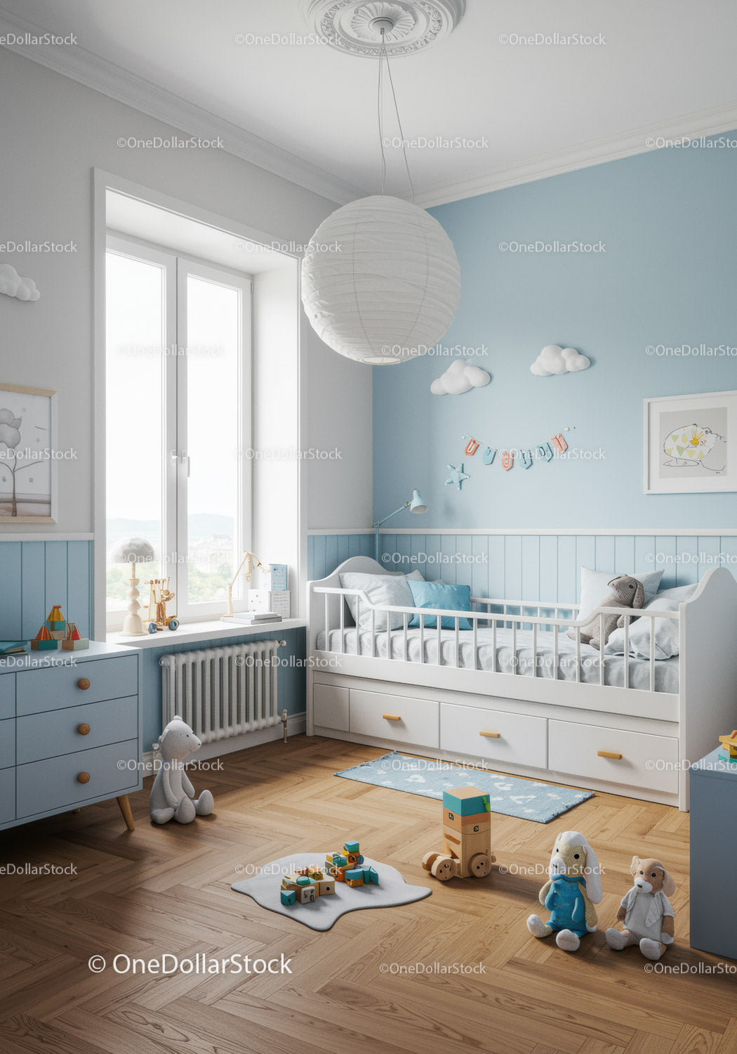 Modern Nursery Room with Baby Crib and Playful Toys in Soft Pastel Colors