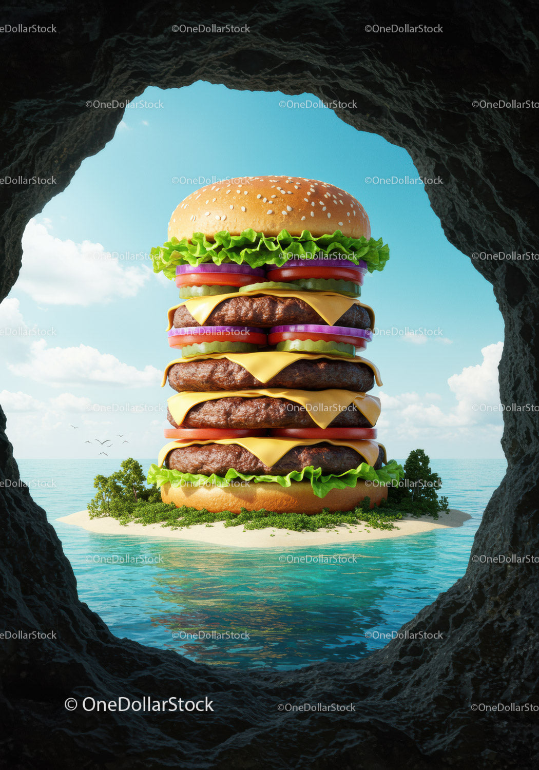Gigantyczna wyspa cheeseburgerów otoczona oceanem