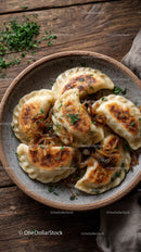 Delicious Fried Potstickers with Soy-Glazed Onion Garnish in a Rustic Bowl