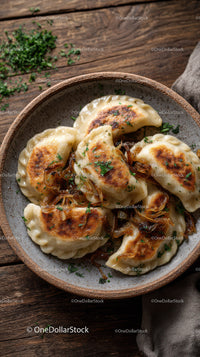 Delicious Fried Potstickers with Soy-Glazed Onion Garnish in a Rustic Bowl