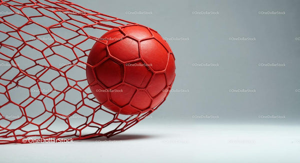 Red Soccer Ball in Net on Gray Background for Sports and Recreation
