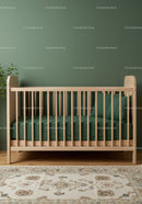 Modern Wooden Baby Crib with Green Bedding in Cozy Nursery