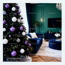 Cozy living room with decorated Christmas tree and blue sofa