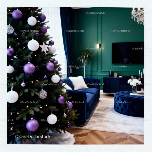 Cozy living room with decorated Christmas tree and blue sofa