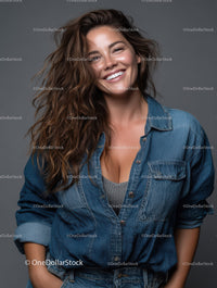 Joyful Woman with Brown Curly Hair Wearing Denim Jacket