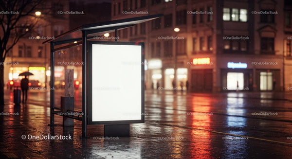 Illuminated Bus Stop Signboard on Rainy Night in Urban City JPG Mockup Image