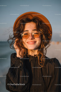 Happy Woman Wearing Straw Hat and Sunglasses on Sunset Beach