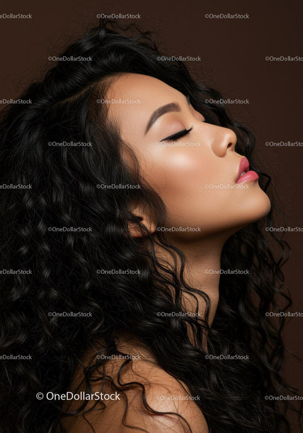 Side profile of a woman with flowing curly hair