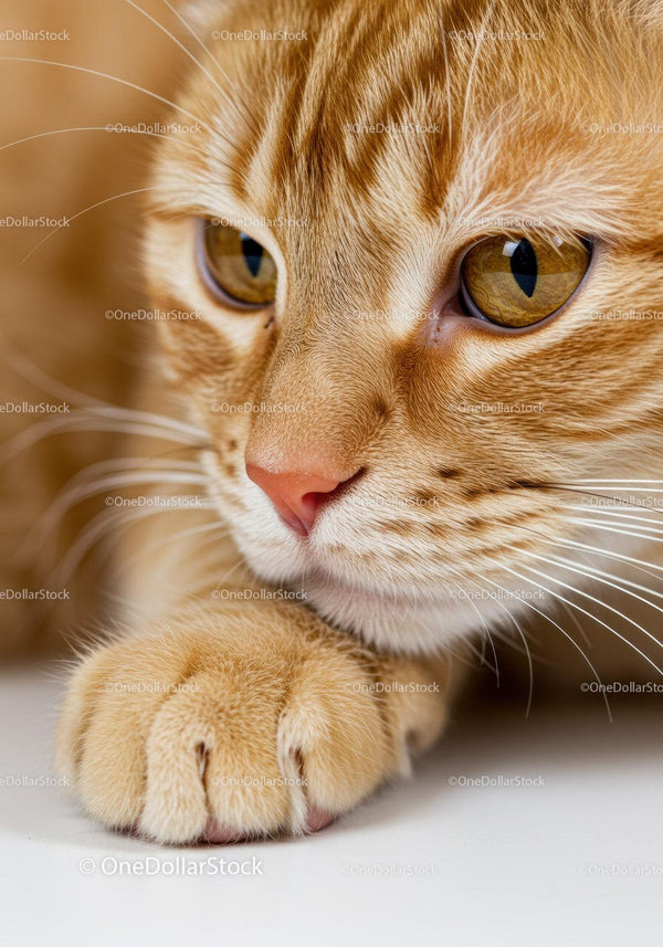 Close up of thoughtful ginger cat resting paw