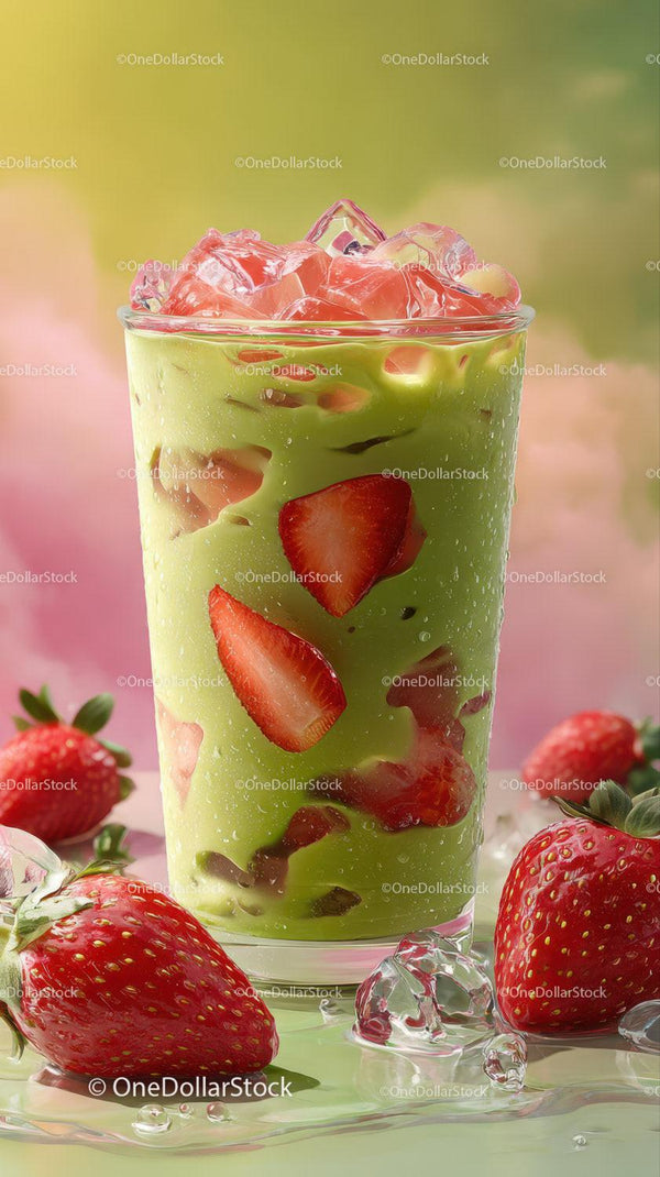 Green Lemonade with Strawberry Slices and Ice Cubes for Summer Refreshment