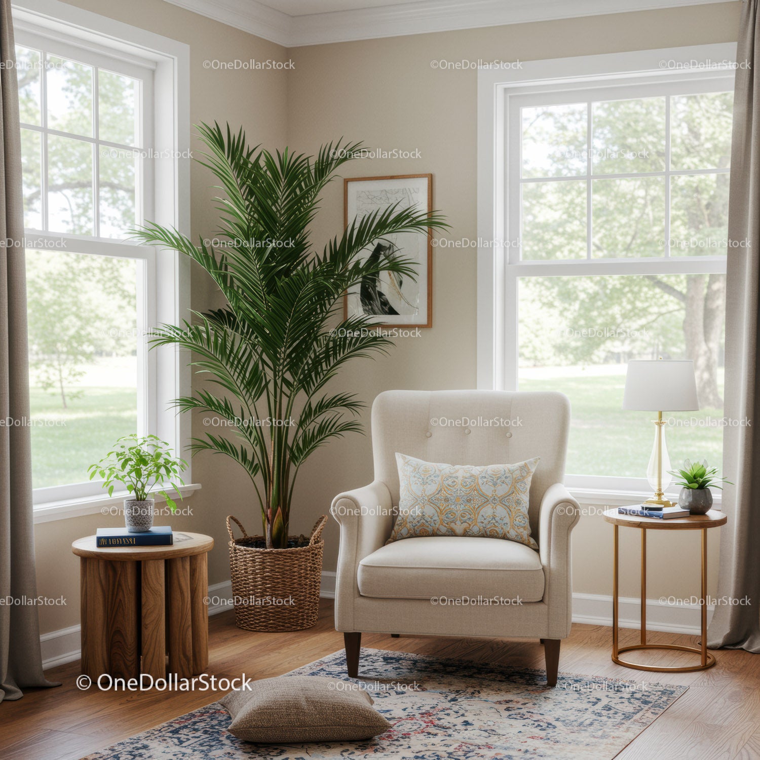 Bright Living Room with Large Green Plant and Cozy Armchair