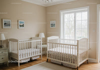 Bright Nursery Room with Two White Cribs and Large Window