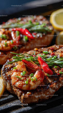 Juicy Grilled Steak with Shrimp Red Chili and Fresh Herbs