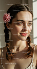 Young Woman with Braids and Pink Rose Hair Accessory in Soft Morning Light
