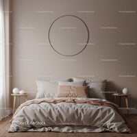 Minimalist Bedroom with Beige Bedding and Modern Wall Decor