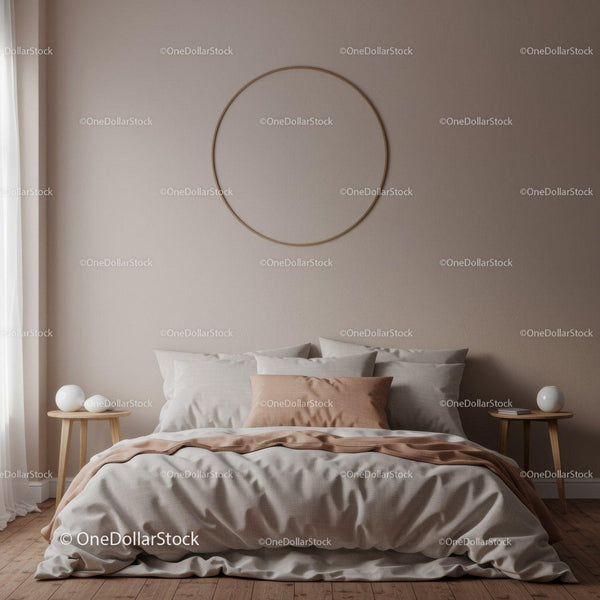 Minimalist Bedroom with Beige Bedding and Modern Wall Decor