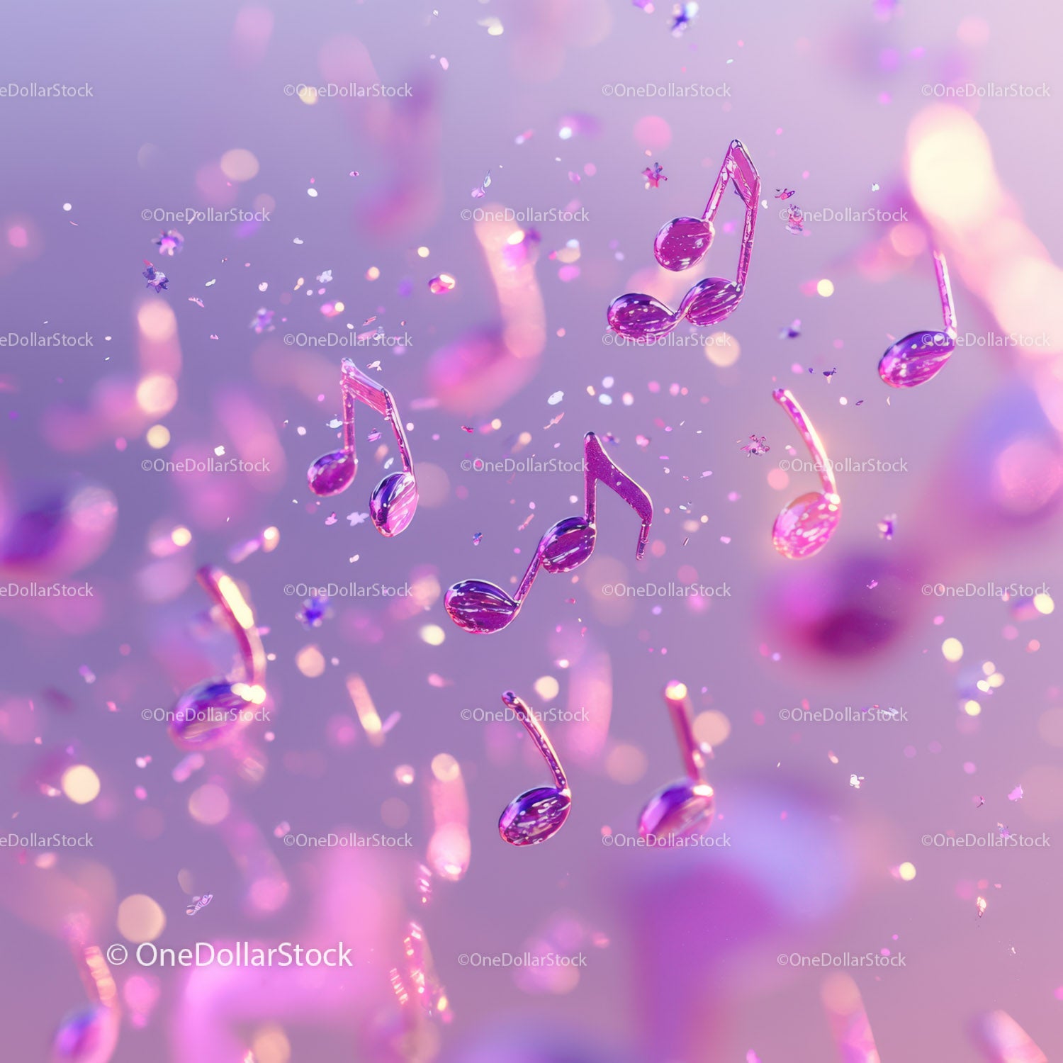 Pink and Purple Musical Notes Floating in Vibrant Abstract Scene