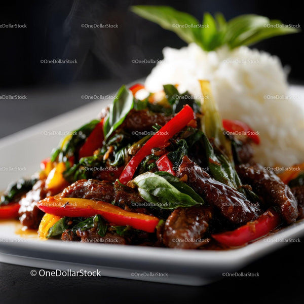 Stir-Fried Beef with Bell Peppers and Basil on White Plate